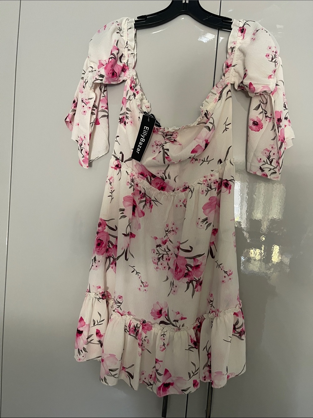 White Floral Mini Dress with Pink Roses